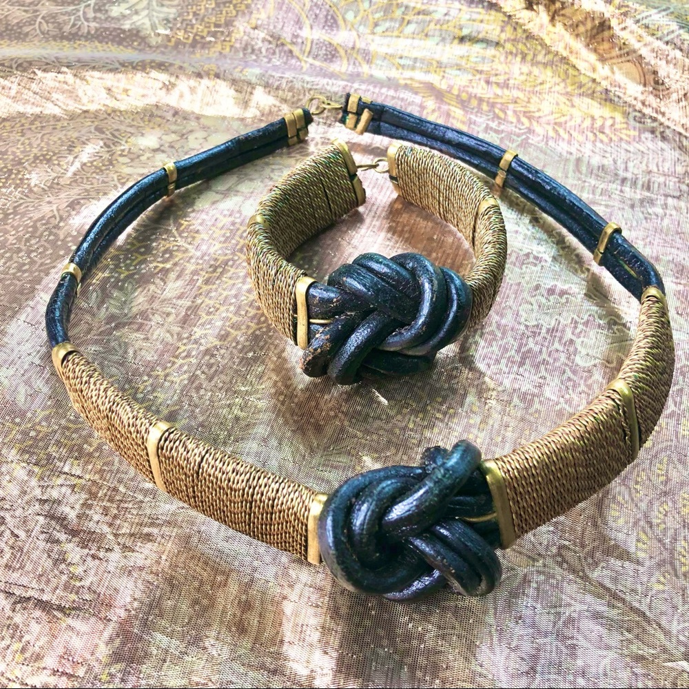 Black and Brown Leather and Gold Mesh Choker and Bracelet Set